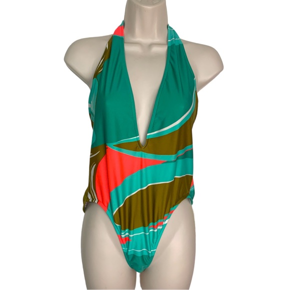 TIBI Deep V low cut halter 1 pc swimsuit in retro print sz LG NEW - Picture 2 of 12